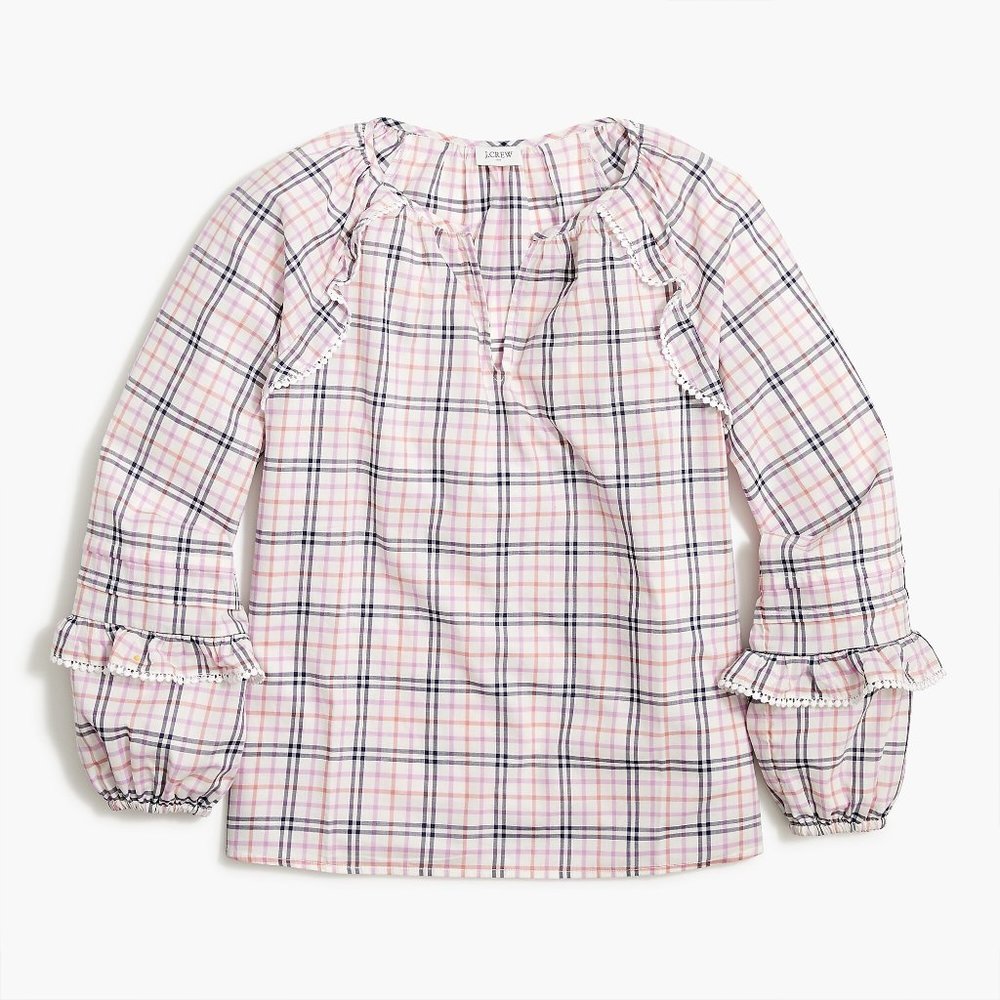 J. Crew Plaid Ruffle-Trim Peasant Top NWT  XL
